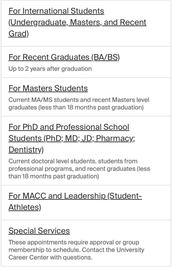 This page shows a list of appointment categories. Select the 'Special Services' appointment category, which is located at the end of the list.