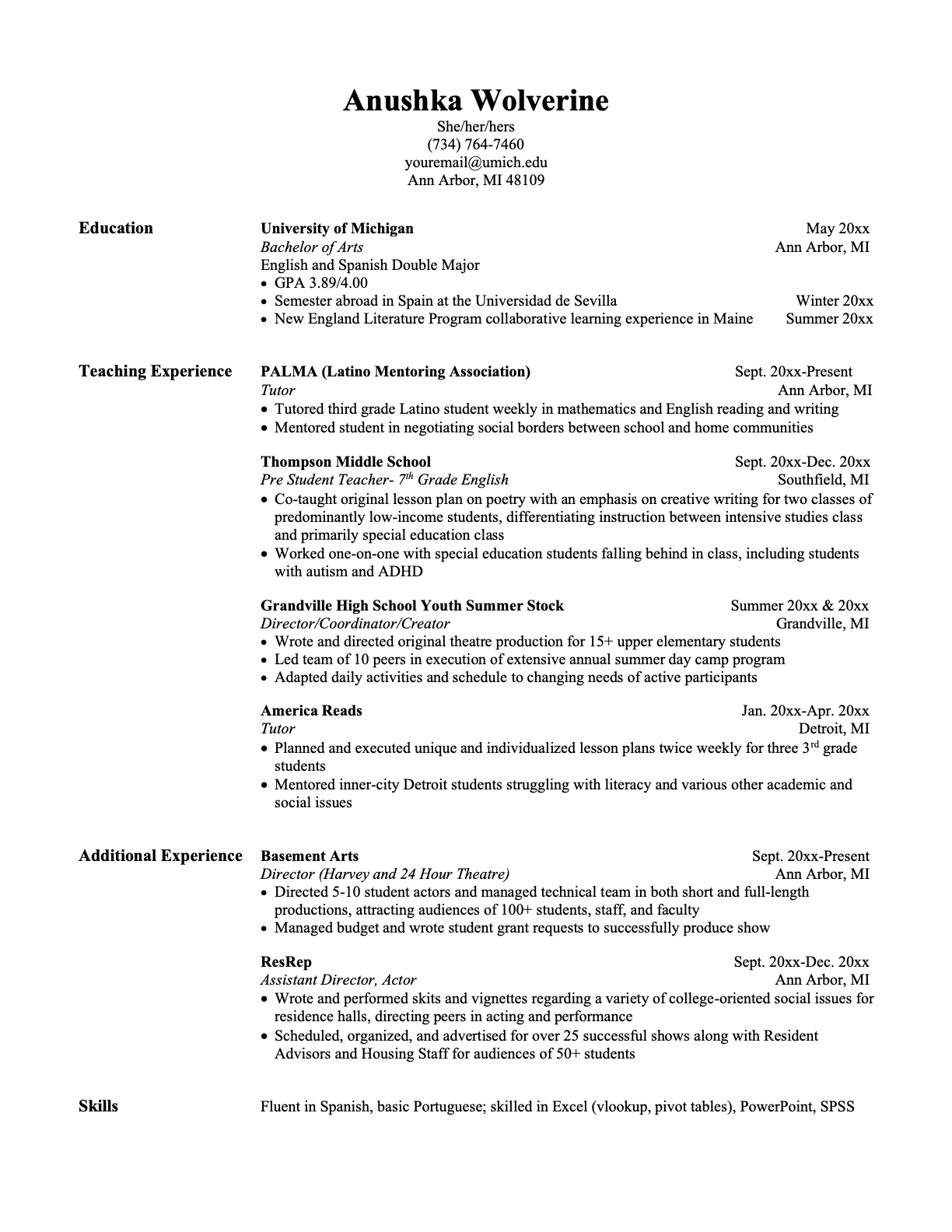 Anushka Wolverine Resume Example