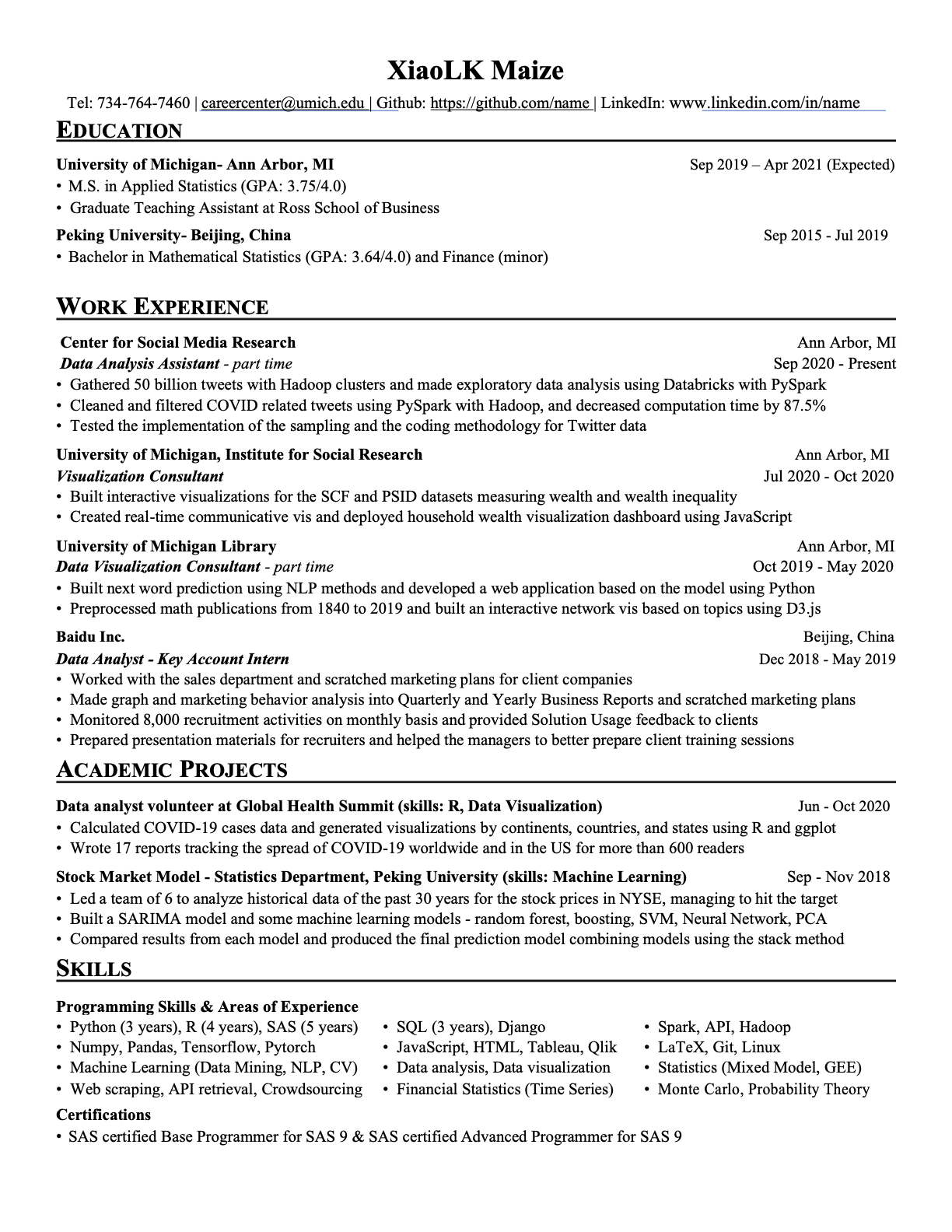 Xiao LKMaize Resume Example